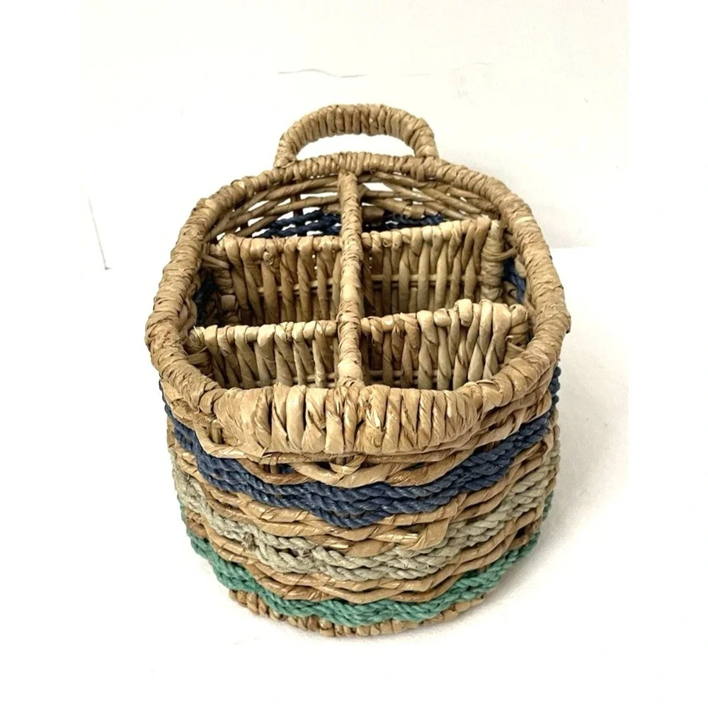 Handwoven Wicker Basket Caddy Divided Natural & Blues Handles Utensil Bottles